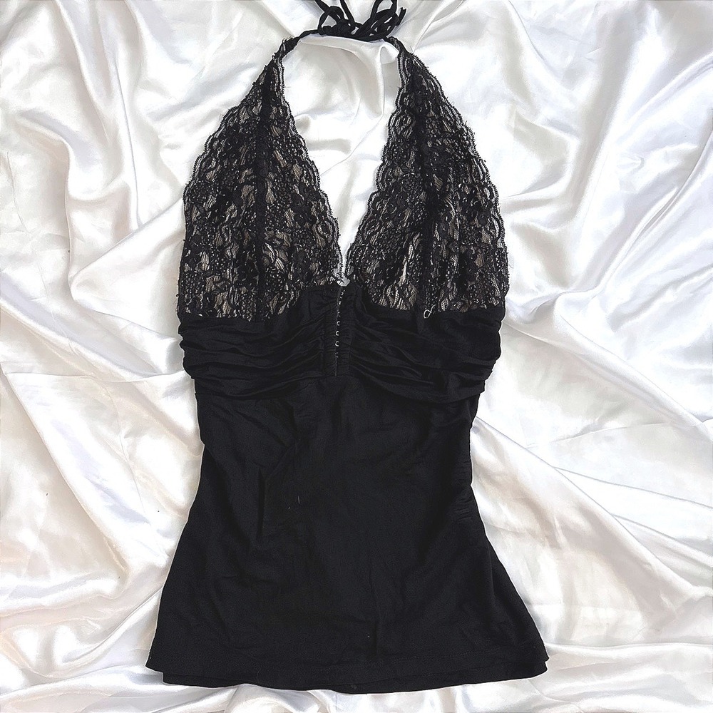 Seductions Black Lace Halter Top Ruched Hook and Eye V-Neck Camisole